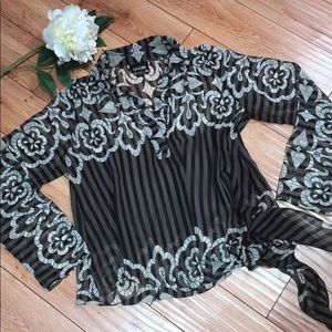 Analili Gray Long Sleeve Side Tie Button Up Top